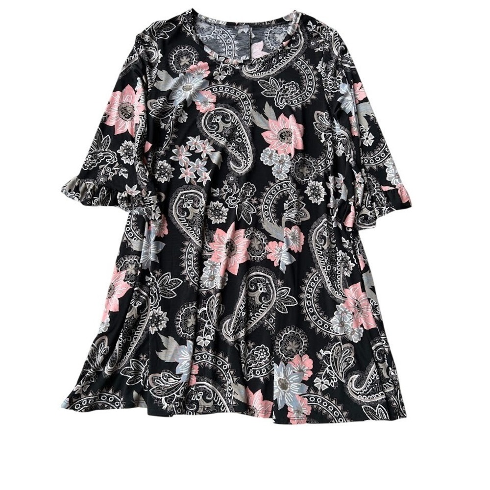 Women 3XL‎ Paisley Floral Ruffle Sleeve  Dress Black Pink  Made in USA